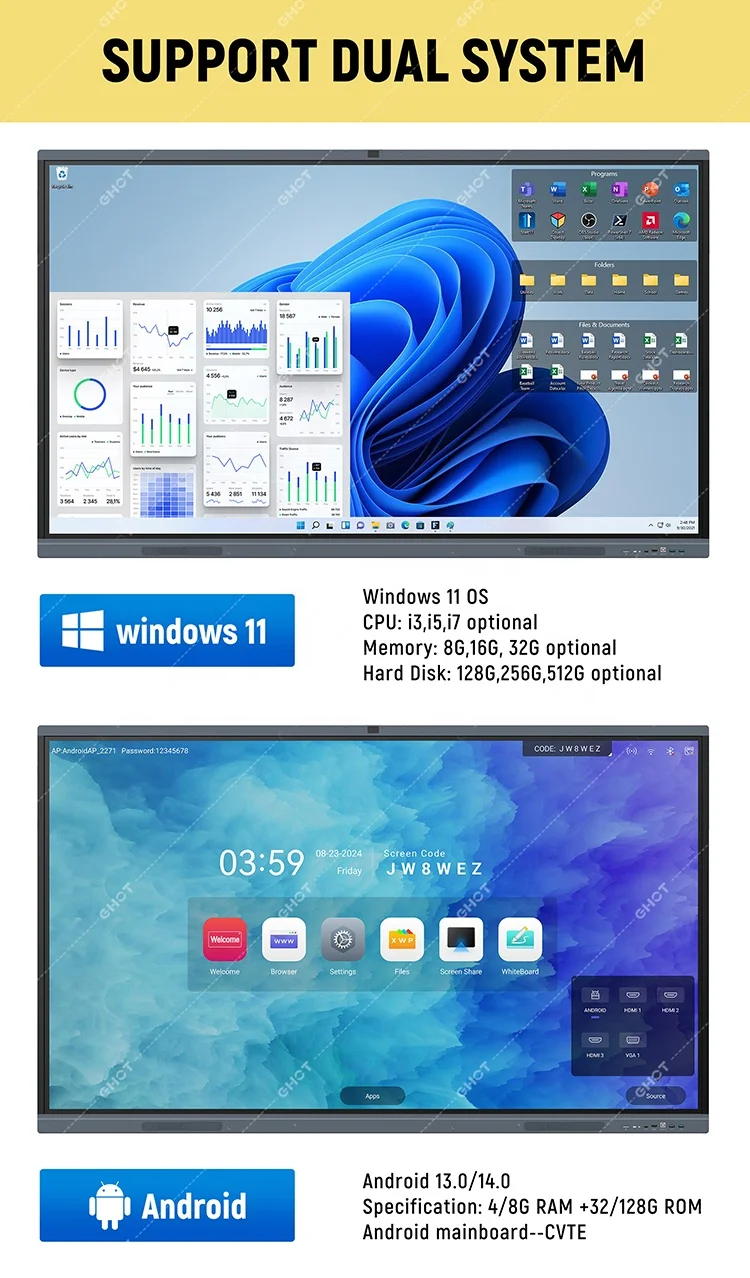 65/75/86 Inch Smart Panel School Interactive Flat Panel Classroom Digital Board 311D2 8+128G Interactive Smart Whiteboard