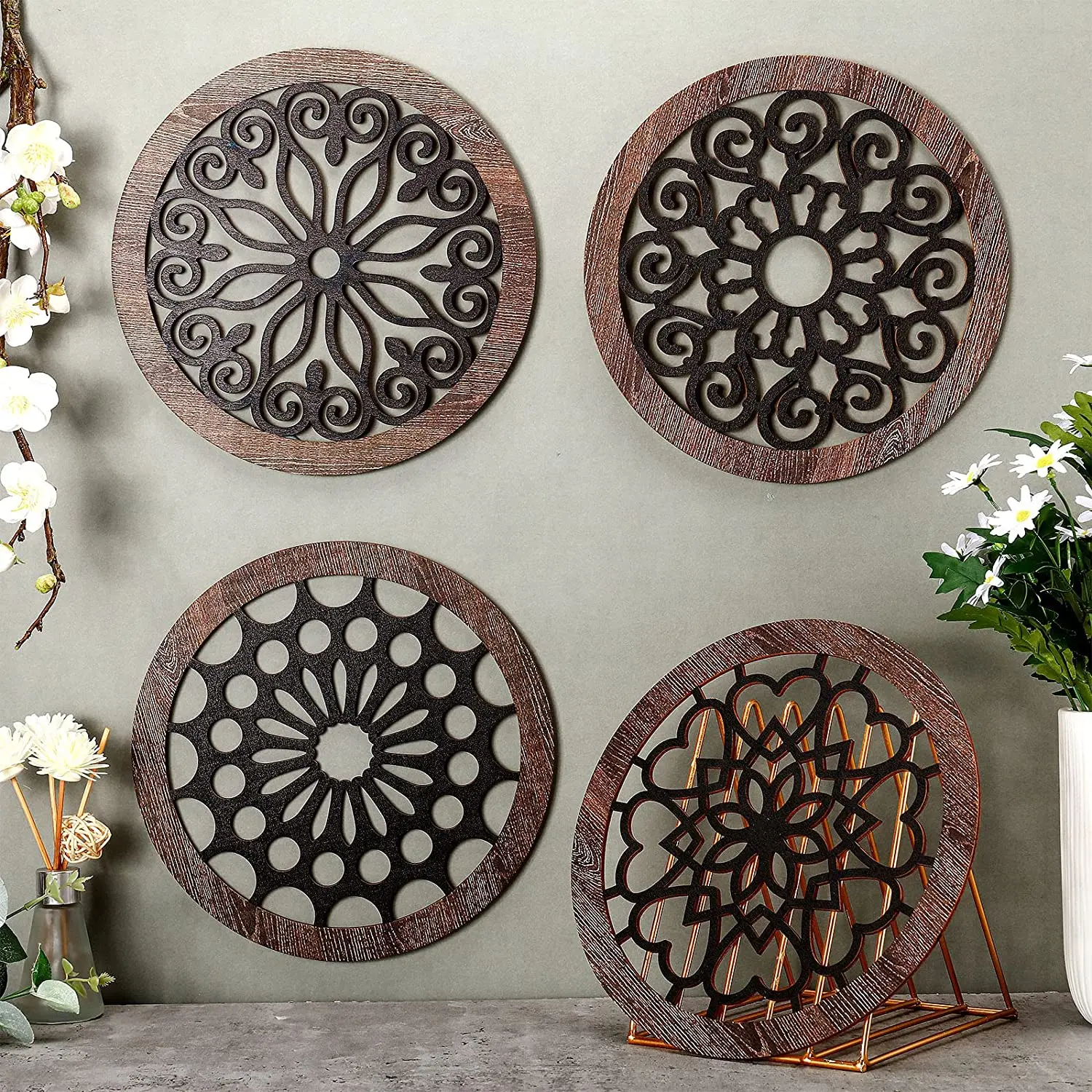 Rustic Wood Wall Decor Round Wooden Frame Wall Art Geometric Wall Pediments Modern Wooden Frame Farmhouse Hanging Decoration