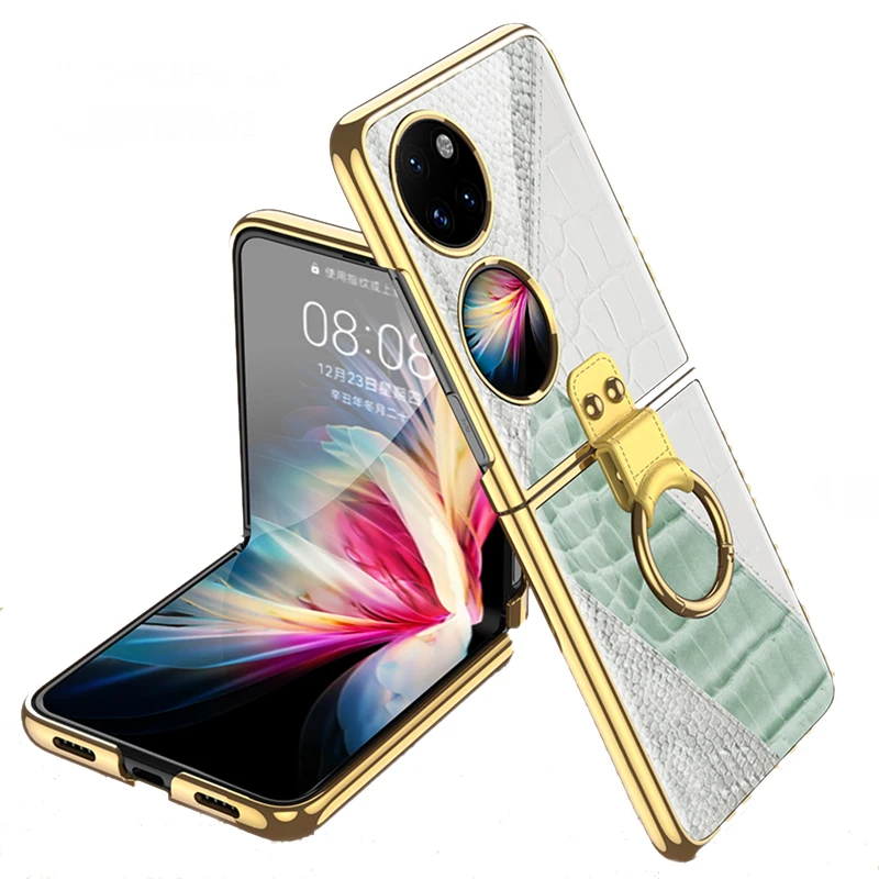 Luxury Leather Plating Hard PC 9H Camera Tempered Glass Protective Cell Phone Case For Huawei P50 Pocket ZFlip 3