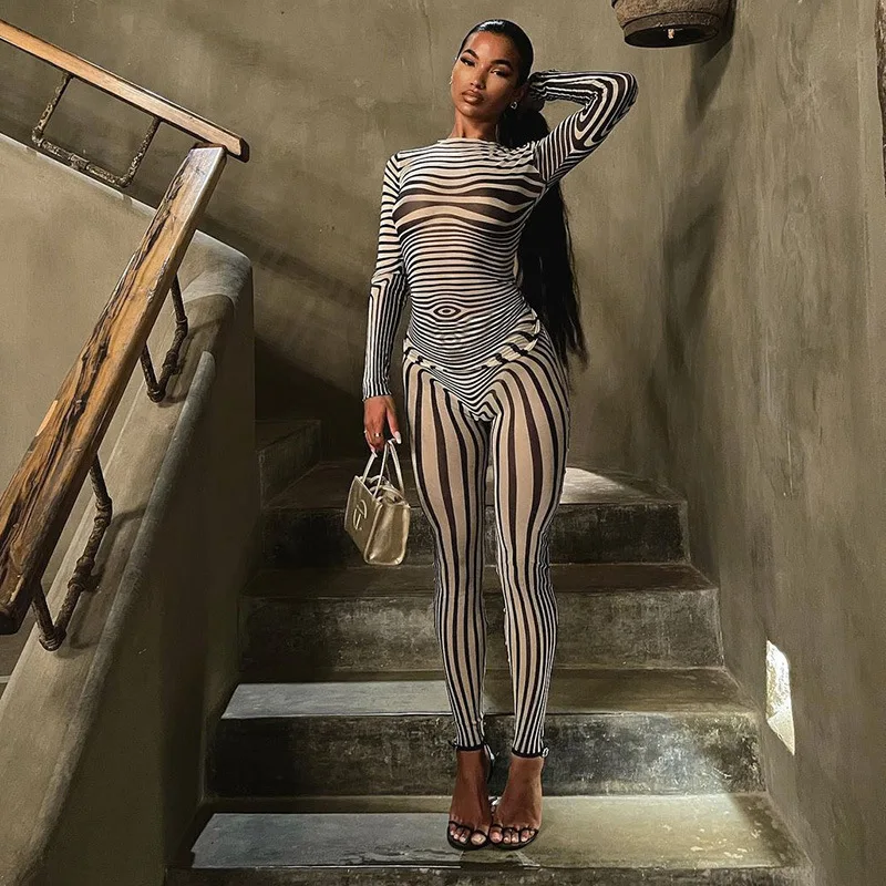 2022 Streetwear Nightclub Matching Outfit Bodycon Long Sleeve Mesh See Through Printed Zebra Fall Sets Two Piece Pants Set Women