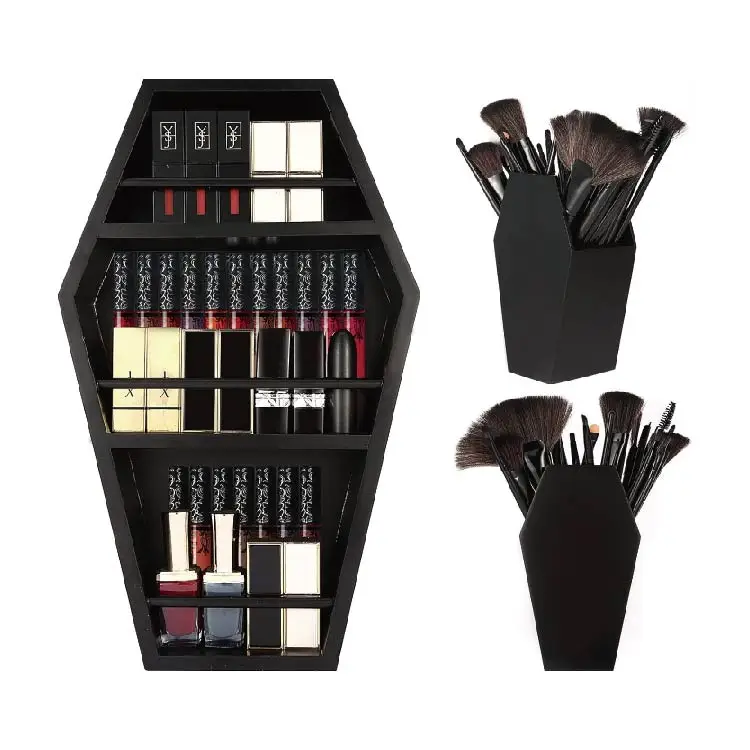 Makeup Coffin Shelf and Coffin Brush Holder  3 Shelf Coffin Makeup Holder for Gothic Decor