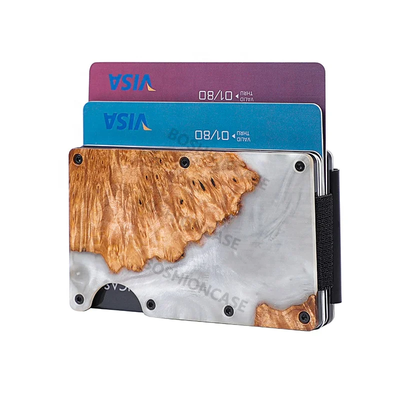 new design aluminum minimalist Slim card case RFID blocking credit business men card holder Resin wood wallet with money clip