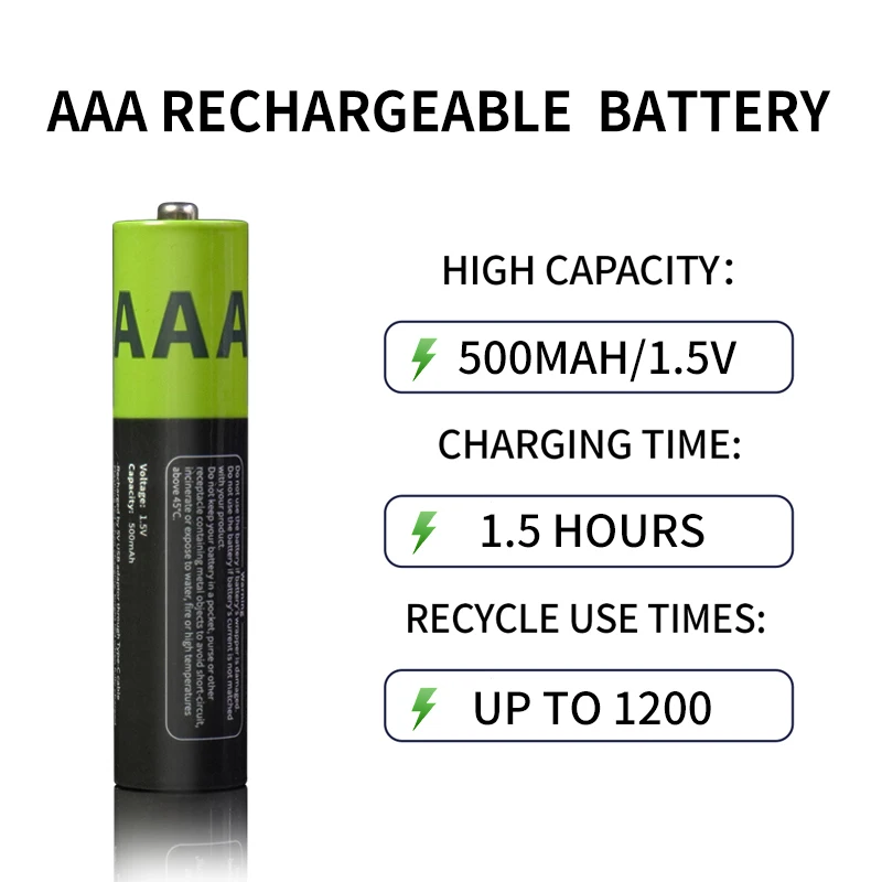 Factory Hot Sale AAA 666mWh 400mAh 1200 Cycles Rechargeable Li-ion Battery With Type C Port For Home