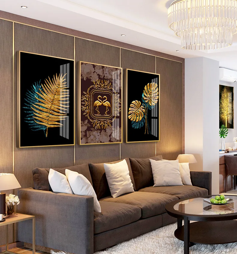 Custom design gold leaves picture wall glass european abstract crystal porcelain painting