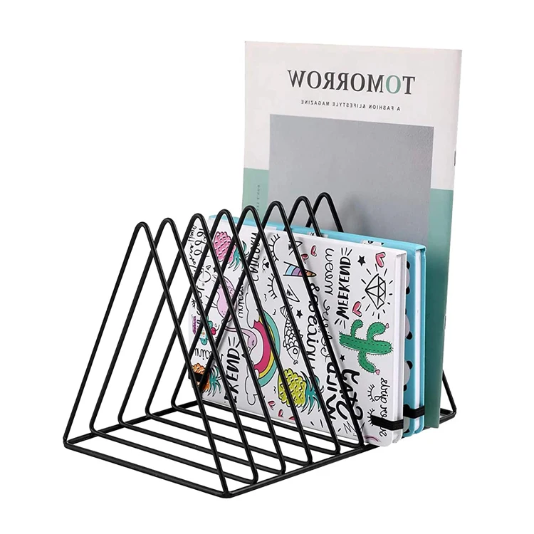 Metal Iron Wire Newspaper Bookshelf 9 Slot Triangle Shape Desktop Magazine File