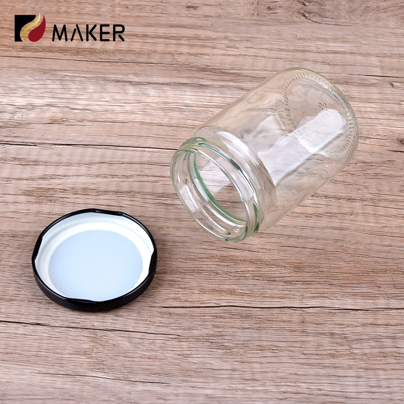 Custom High Borosilicate Airtight Honey Spices Nut Peanut Butter Pickles Jam Glass Food Storage Jar With Screw Caps Black Cover