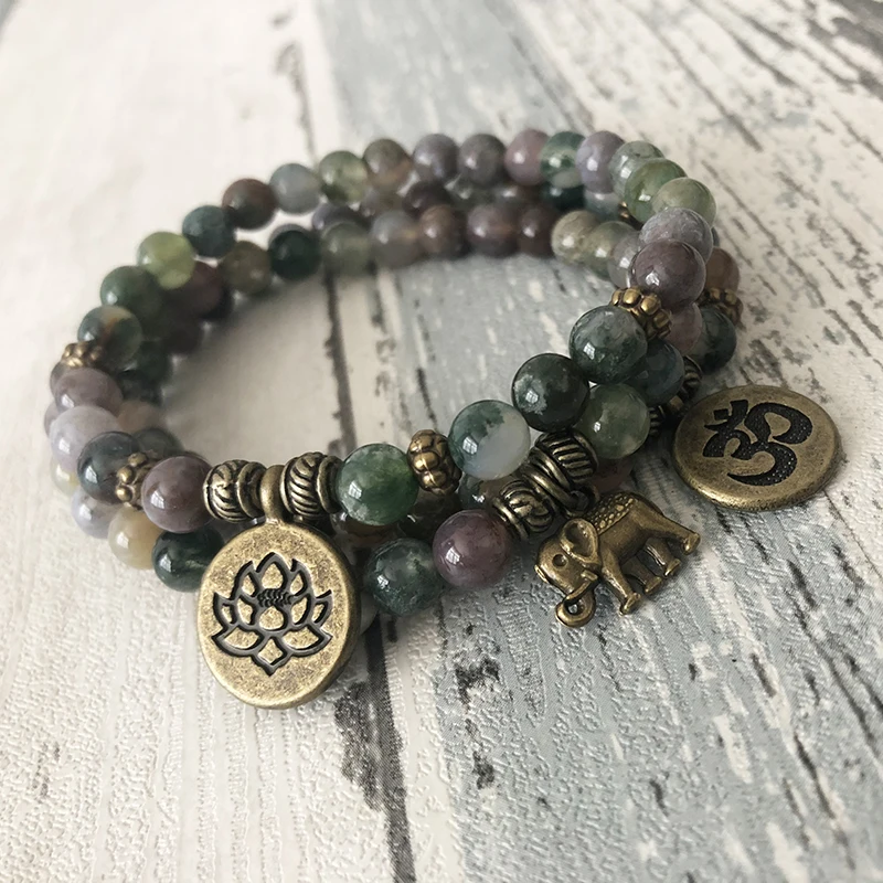 6MM India Agate Stone Beaded OM Lotus Elephant bracelet Mala Bracelets Yoga Reiki Bracelet