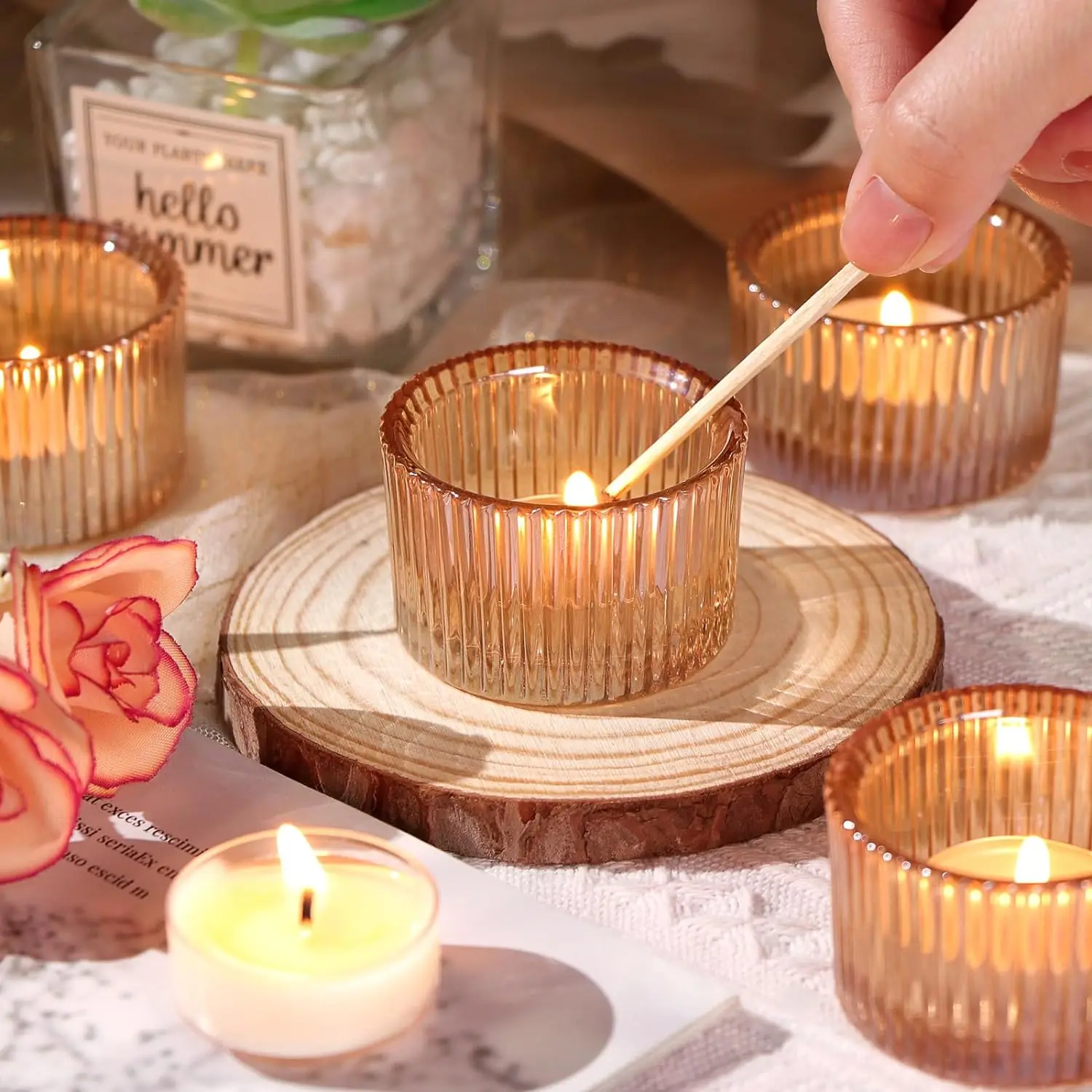 Gold Small short vertical stripes Glass Candle Holders for Table Centerpiece Tea Light Candles jar for Party Home Wedding Decor