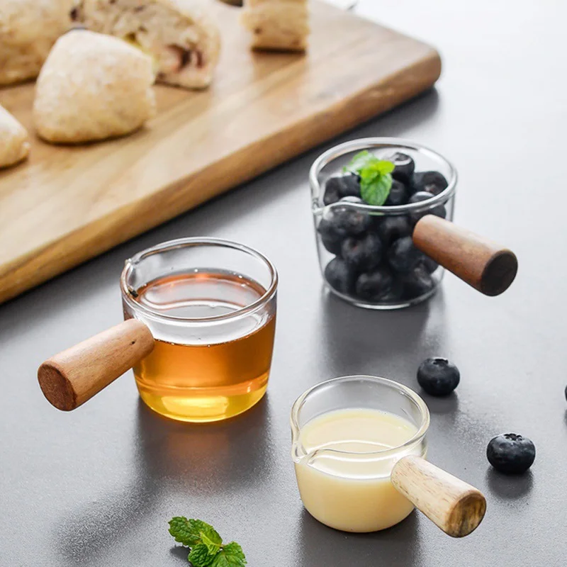 Mini Glass Milk Cup Creamer Jug Small Glass Coffee Milk Pitcher Espresso Cup Vinegar Sauce Cup Glass Gravy Boat With Wood Handle