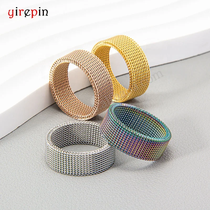 Wholesale Fashion Stainless Steel 18k Gold Plated 8mm Wide Mesh Ring Simple Grid Weaving Zipper Chain Enamel Ring