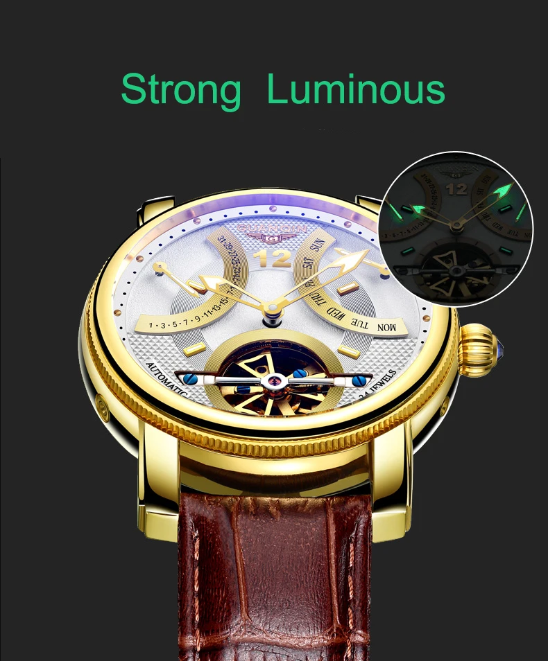 Luxury wrist stainless steel case back leather waterproof digital tourbillon mechanical mens automatic watch