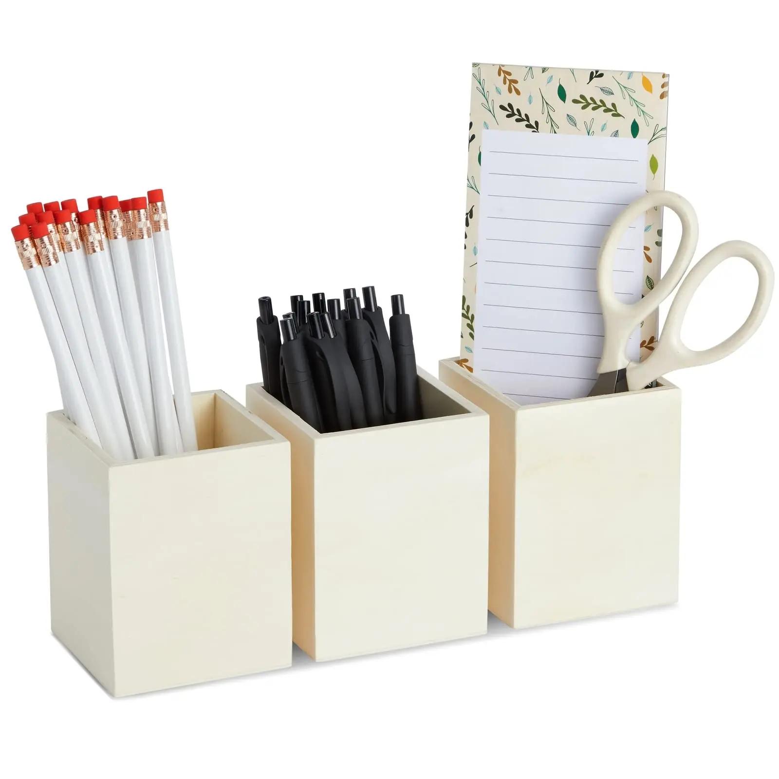 Factory Sales 3 Pack Unfinished Wood Pencil Holder Cups Wooden pencil box on desk and table for Office