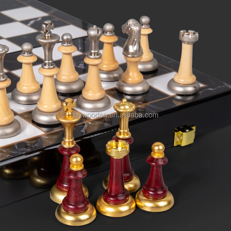 Popular Marble Classic Metal Chess piece Adult board game Chess Set luxury Metal Wooden Chess Box Board for Europe Market