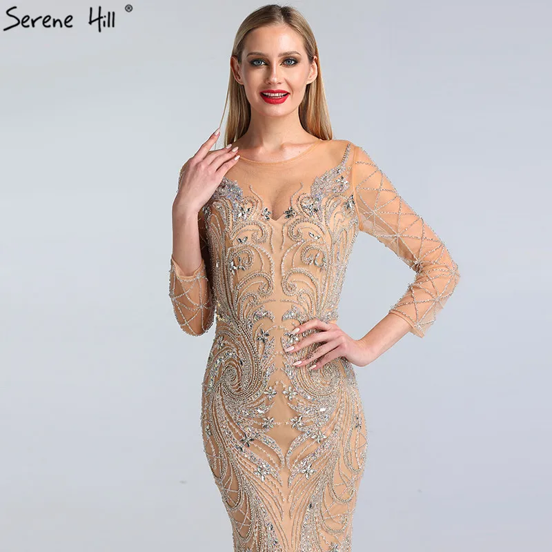 Серебристо-телесные элегантные вечерние платья с бусинами 2021 Serene Hill LA60775 длинные круглым вырезом и длинными рукавами для