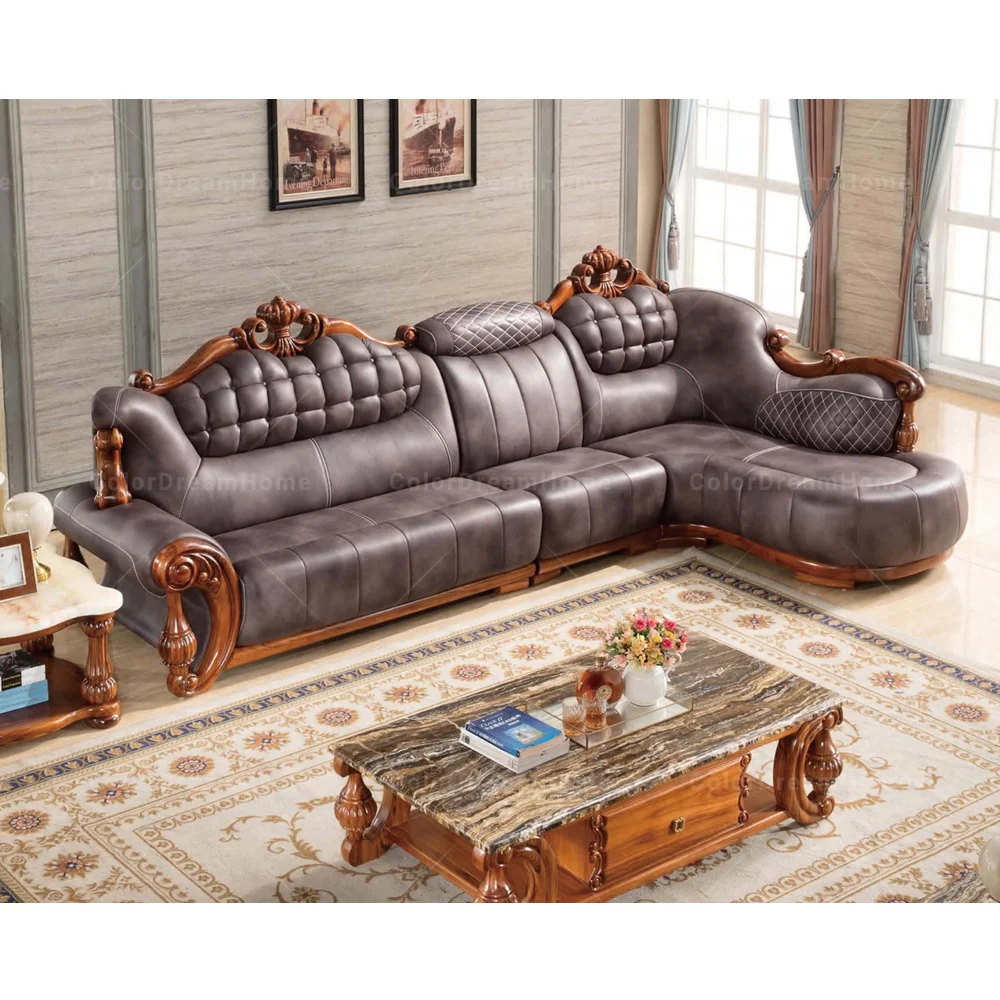 Southeast Asia furniture leather living room furniture of Ebony antique sofa carved wood