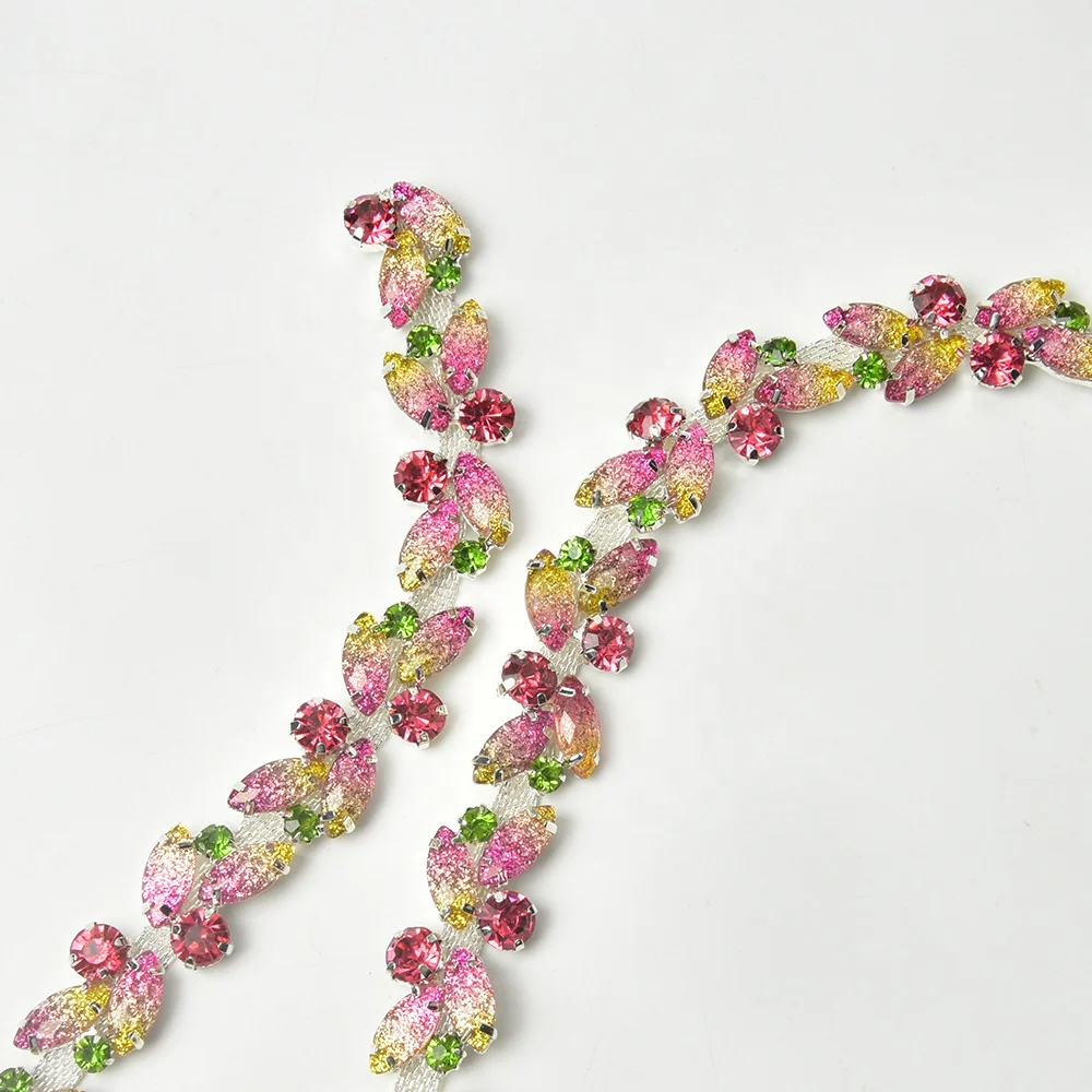 1.8cm New Candy color Rhinestone Glass Crystal Flower Chain Diamond Trim Colored Crystal Claw Chain For Sewing Craft Decoration