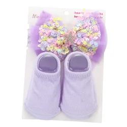 Spanish New Fancy Solid Color Princess Cute Bows Hairband Newborn Socks Set Cozy Cotton Candy Color Baby Socks Hairband Gift Set