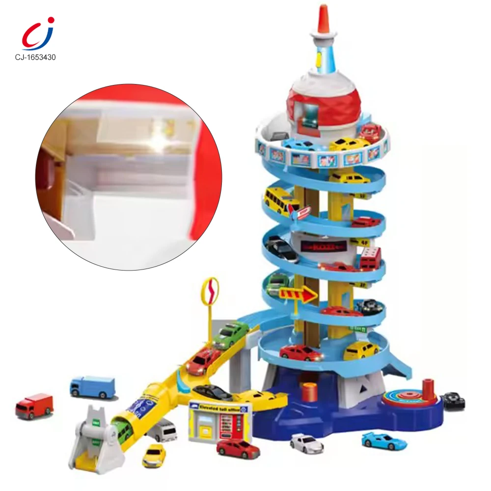 The Oriental Pearl Tower Tunnel Parking Lot Toys,5 Level Car Garage Play Set With Ramp Elevator And 6 Parking Garage Toys