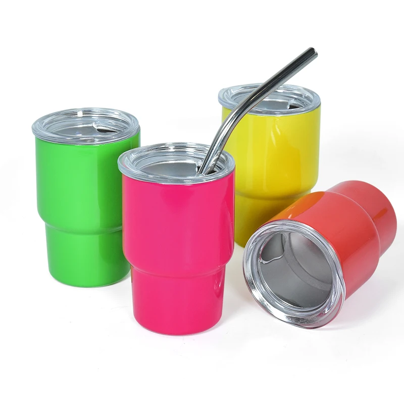 Customized Logo Whisky 3oz Double-Layer Stainless Steel  Wine Tumbler Mini Neon Shot Glass With Metal Straw