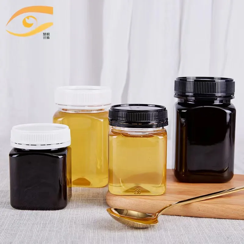 High Quality Food Container Jar for Honey 360ml Water 500ml Size square Plastic with Anti Theft Lid