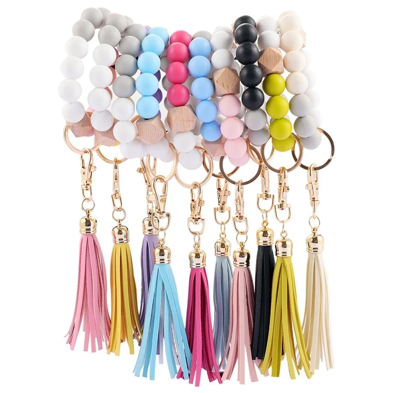 2022 Circle Charm Colorful Pendant Wood Beads Bracelet Keychain Women Tie Dye Leather Tassel Wristlet Key Chain for Gift