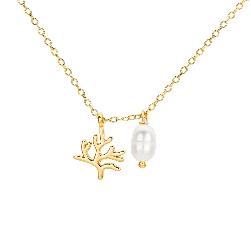 Gemnel Bohemia 925 sterling silver gold plated customize 18-karat gold minimalist leaves pearl pendant necklace