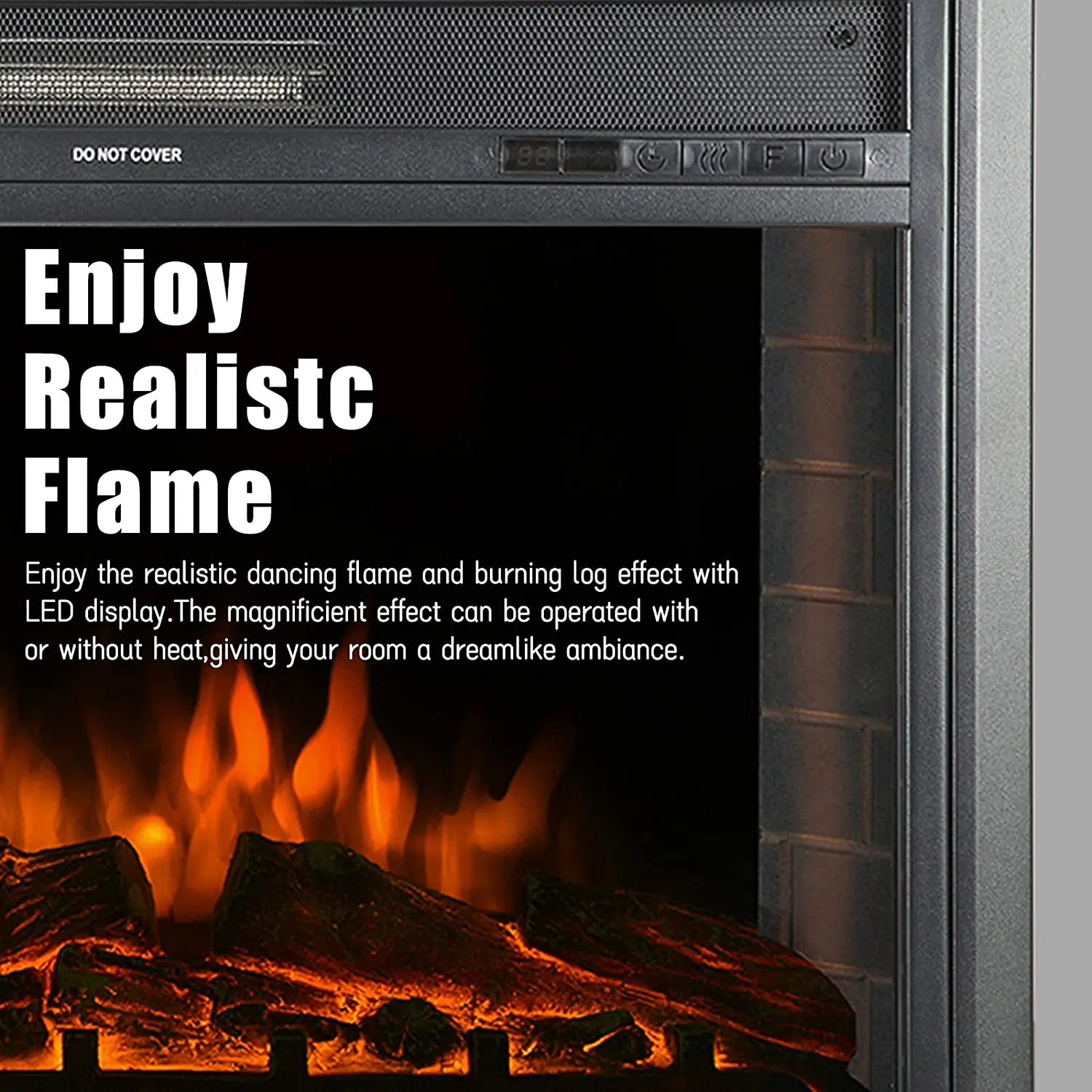 26' Curved Front Electric Fireplace Insert Artificial Flame Quartz Infrared Fireplace Heater Interior Glass View