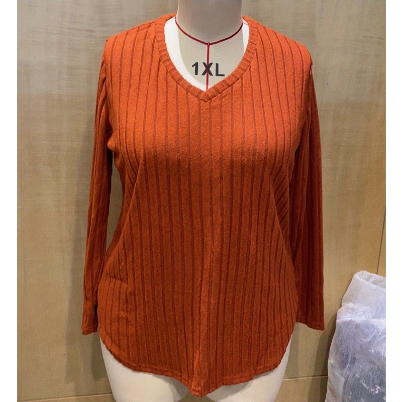 Wholesale solid oversized Tee shirt V neck long sleeve top plus size fleese pit stripe brushed ribbed women blouses shirts
