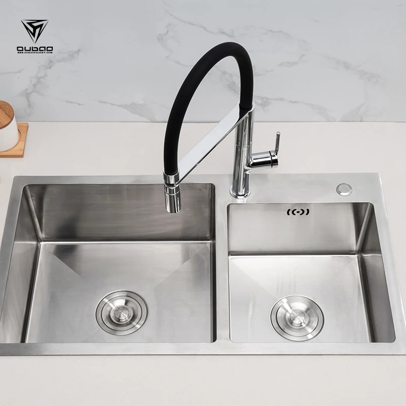 Latest Brushed Nickel Double Bowl Kitchen Sink Stainless Steel Luxury Deep Under Mount Sink