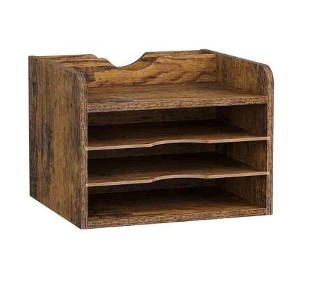 Wooden desktop paper document sorter stand, document letter mail tray with 3 adjustable shelves for school home office supplies