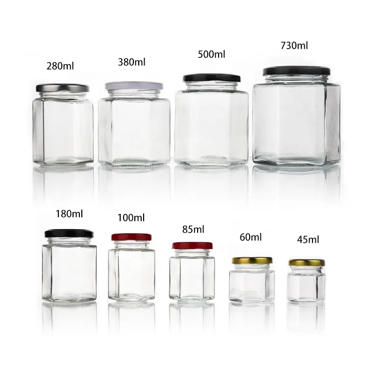 45ml -730ml Food Grade Empty Clear Hexagonal Square Glass Empty Honey Jars Food Pickle Jam Glass jar