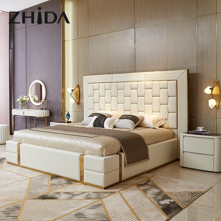 
Factory wholesale dubai design light luxury bed room furniture king size queen wood bed 