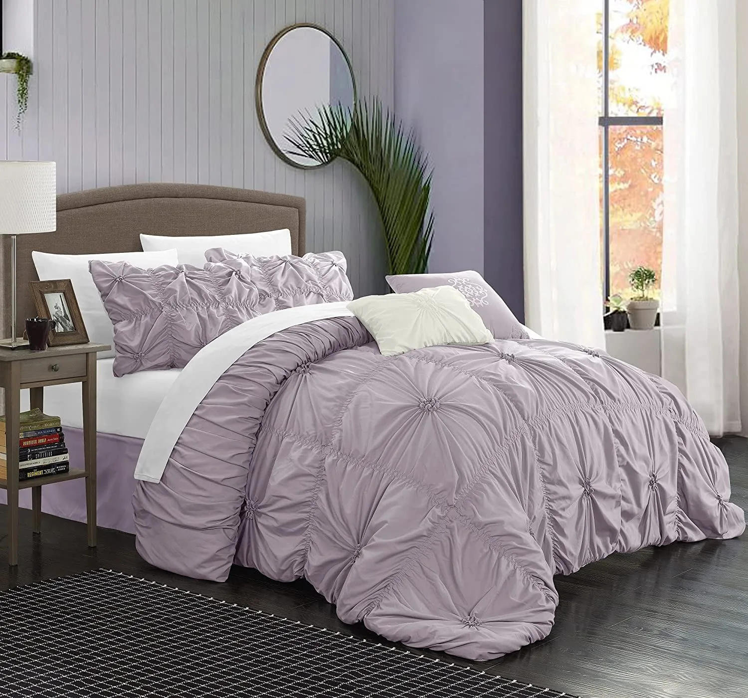 Fluffy 6 Piece Bedding Set Floral Pinch Pleated Ruffled 100% Microfiber Queen Size Comforter Set