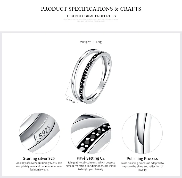 925 Sterling Silver Ring Classic Jewelry Micro Pave Black Zircon Ring for Women