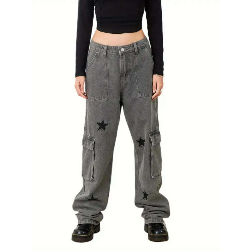 Customized Women Straight Denim Pants Big Pockets Non-stretchy Star Print Street Casual Loose Trousers Denim Jeans