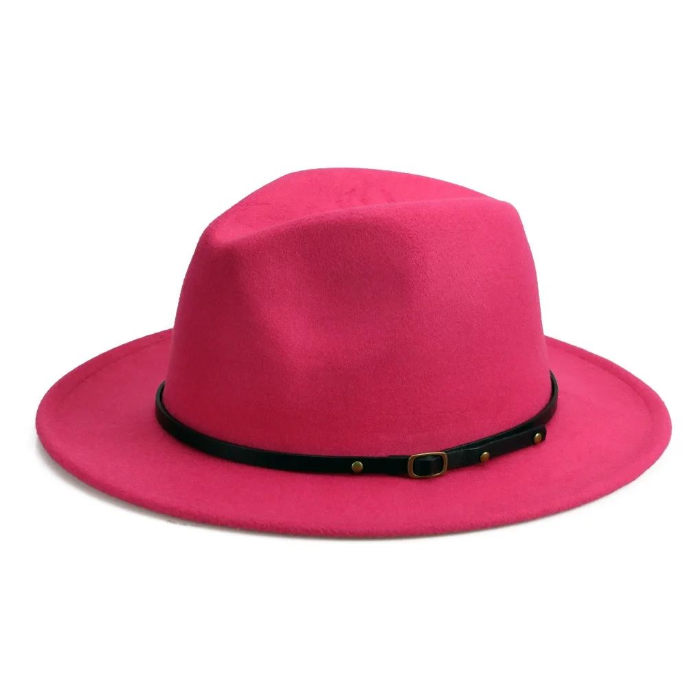 Women Men Ladies 7CM Wide Brim Fedora Jazz Hat Pure Color Designer Sombrero Black Leather Band Trilby For Adults