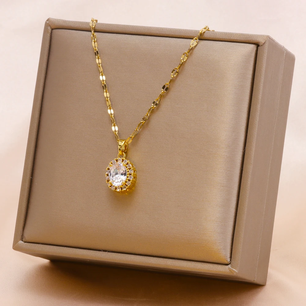 Stainless Steel Chain Necklace Women Gold Plated Waterdrop White Crystal Diamond Cubic Zircon Pendant Necklaces