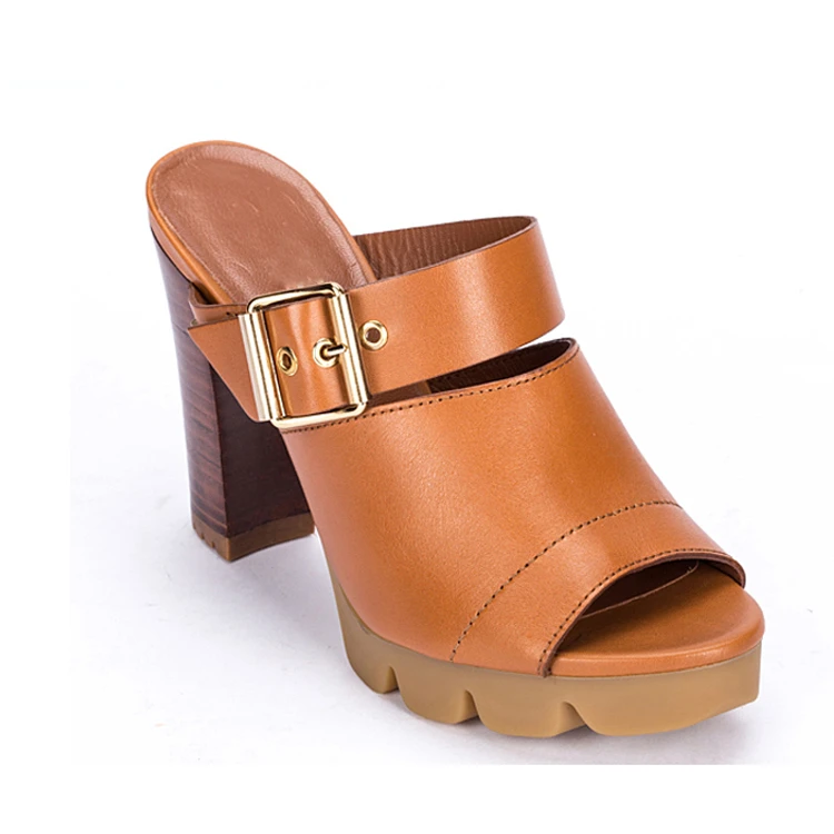 Camel genuine leather upper metal square buckle 6cm wide high heels for women shoes fashion ladies slippers sandals