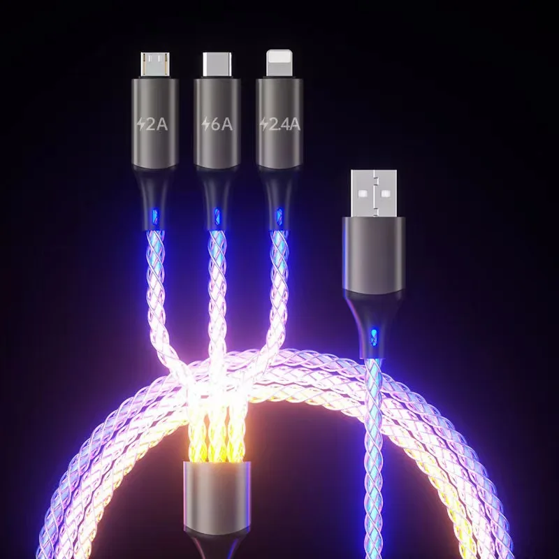 Aluminium alloy Luminous  6A Flowing  Light Up Lightning Charger Cable Led Light Charging USB C  3IN 1 USB Data Cable