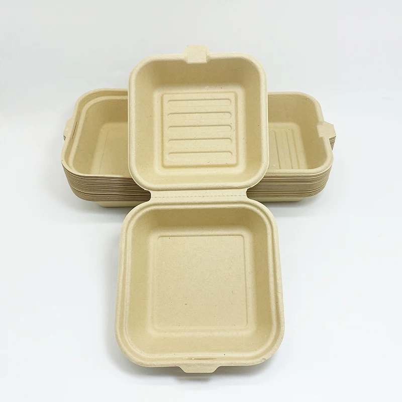 Bamboo fiber Bagasse  6 Inch Clamshell Take Away food Container to go box Burger Hamburger Box Biodegradable Food Packaging