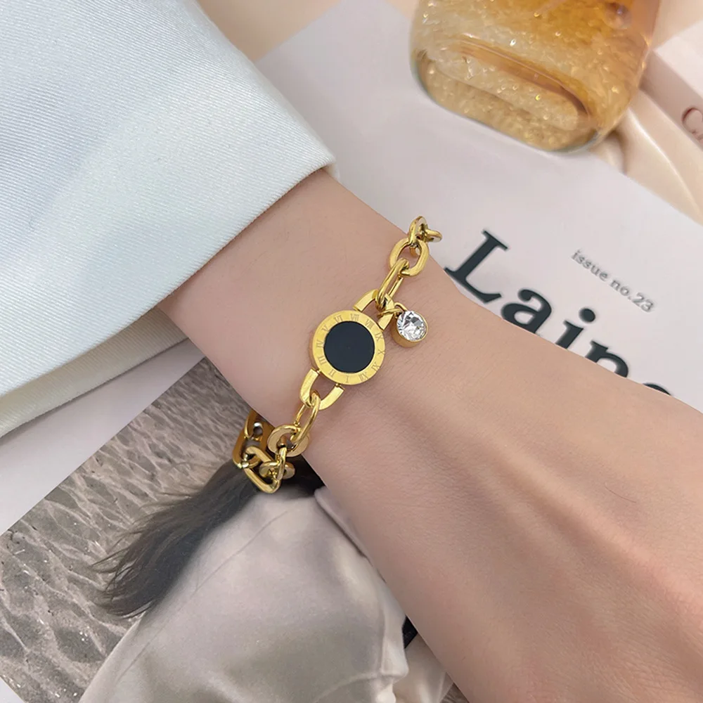 2022 New Fashion black round Roman numeral Stainless Steel bracelet  CZ Zircon Women Charm Link Bracelet Jewelry