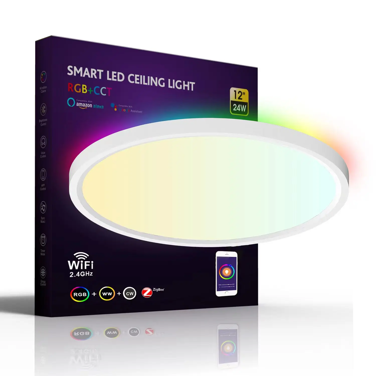 Wiscoon 2023 24W Wide Pressure Wifi+bluetooth+2.4g Remote Control APP Colorful Ceiling Light LED Panel Light PC White Modern 80+