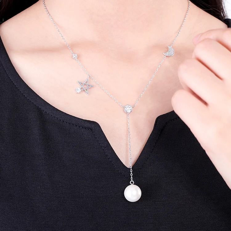 Classic Silver Jewelry Moon Star Charm Chain Women Shell Pearl Necklace Long Pearl Necklace