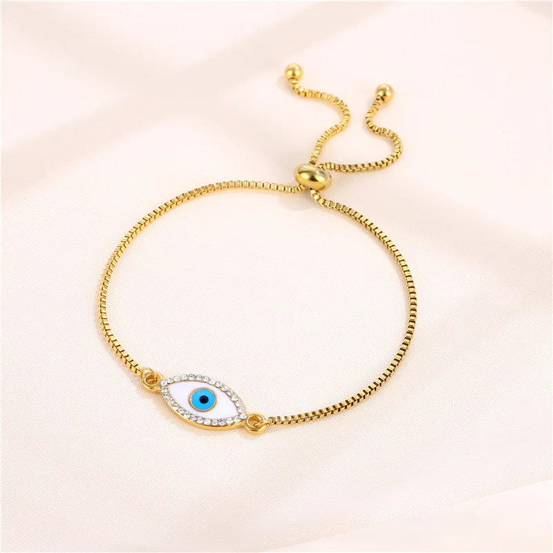 Wholesale Shell Pearl Bead Eye Bracelet Adjustable 18K Gold Plated Stainless Steel Box Chain White Shell Blue Evil Eyes Bracelet