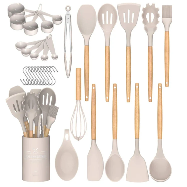 Newell Baby Kids Mini Set Custom Kitchenware Wooden Cooking Tools Sets Stand Utensils Silicone Set With Stainless Steel