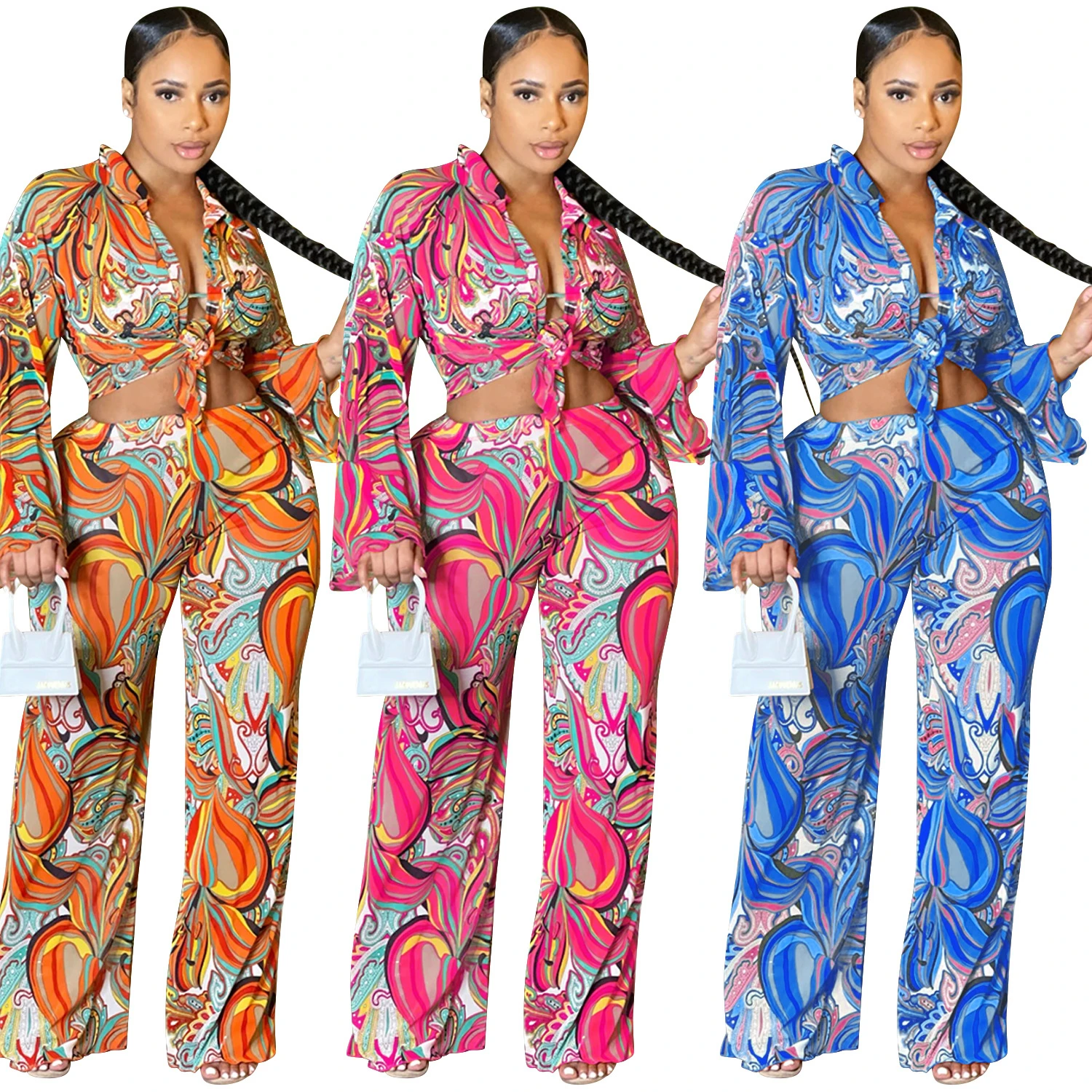 X51162 bra and top and pants sexy fashion long sleeve mesh printed women 3 piece set clothing