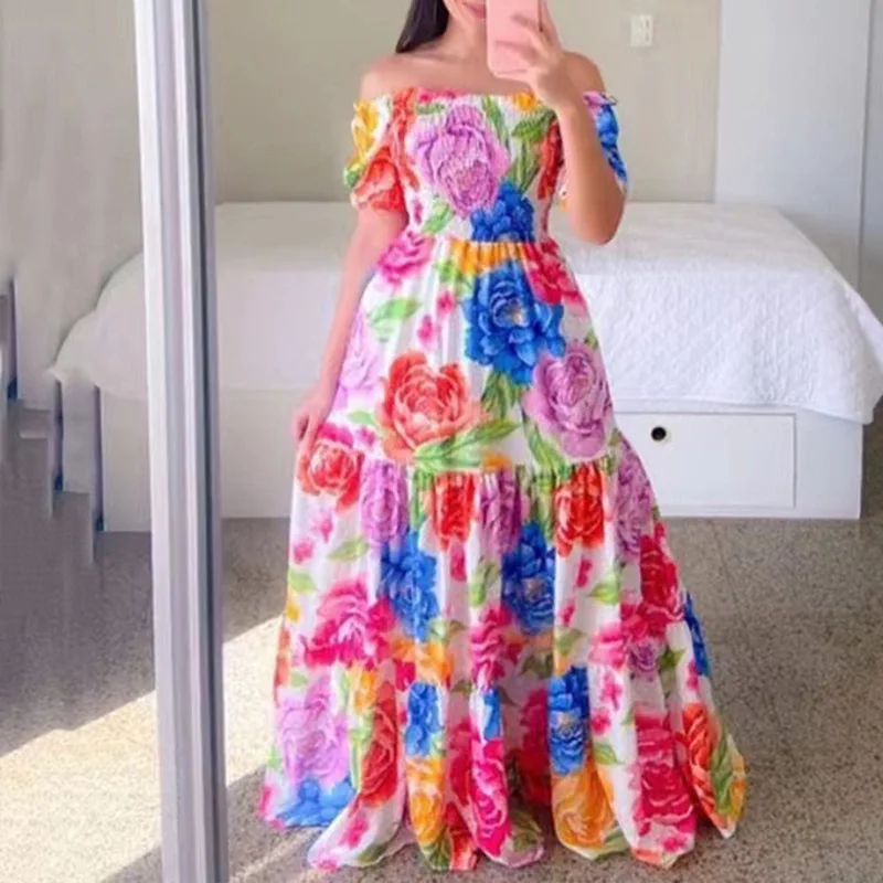 Popular styles ladies plus size off shoulder design ruffled floral animal print layered women long hem dresses