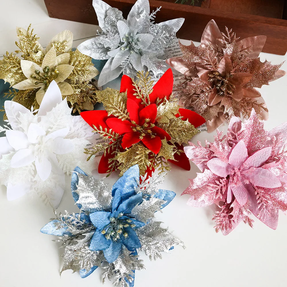 Party Decorations Velvet Floral Colorful Christmas Tree Flowers Poinsettia Flower Artificial Christmas Ornament