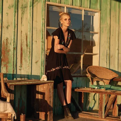 
Flower embroidered knee length summer women clothes ruffled cap sleeves casual ladies short boho dress 