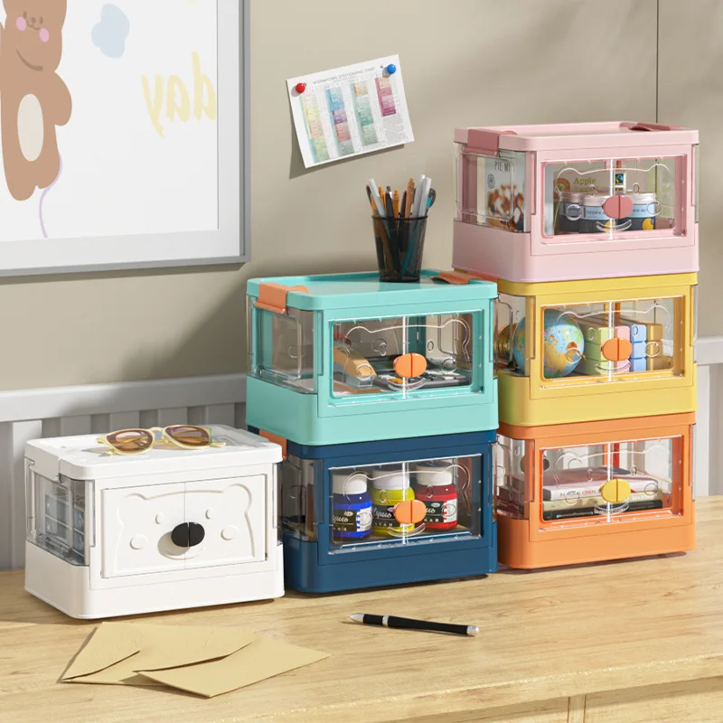 Office Tabletop Free Stacking Clear Sundries Kid Toys Storage Container Double Door Plastic Storage Box